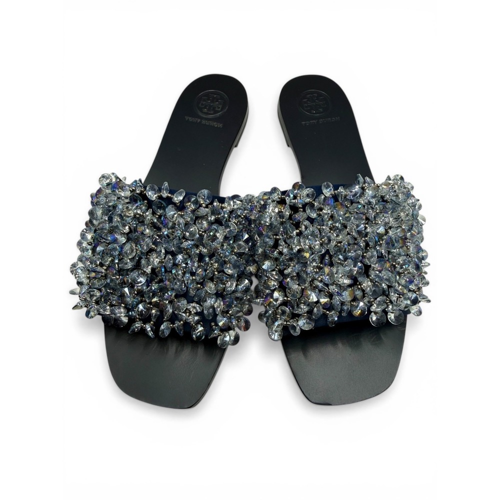 NEW Tory Burch Crystal Embellished‎ Crystal Slide Sandals Navy Black Leather 6M